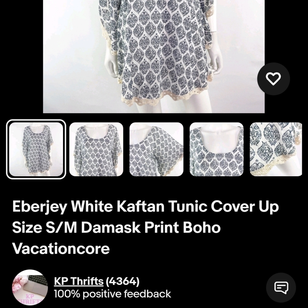 Eberjey Kaftan Tunic Cover Up Damask Print Bohoemian Mini Beach Dress S M - Picture 12 of 13